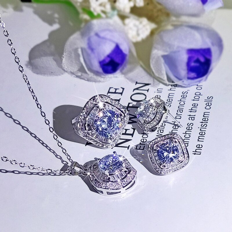 Fashion New 925 Silver Ladie Jewelry Sparkling Geometric Zircon Jewelry Ring Earring Necklace Three-Piece Set to Attend the Prom