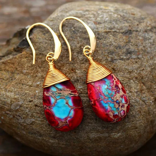 Bohemian Natural Stones Drop Earrings for Women Teardrop Jaspers Dangle Red Earring Handmade Artist Jewelry